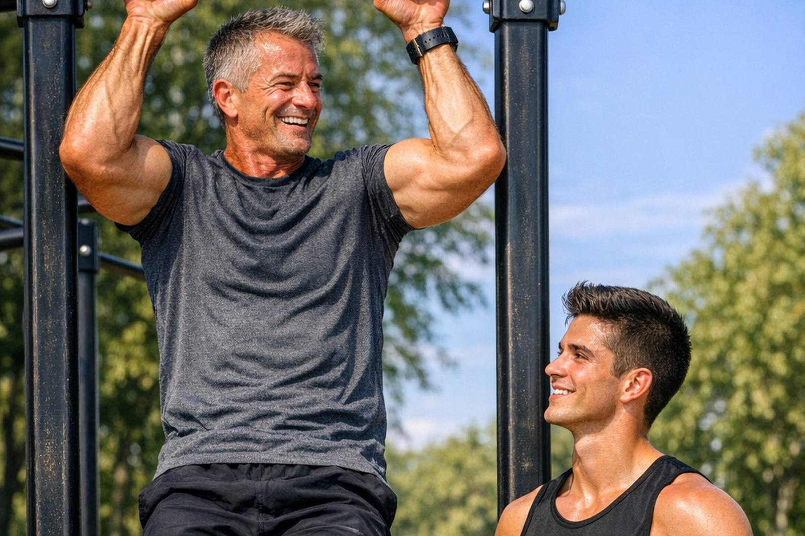 Two men training together outdoors
